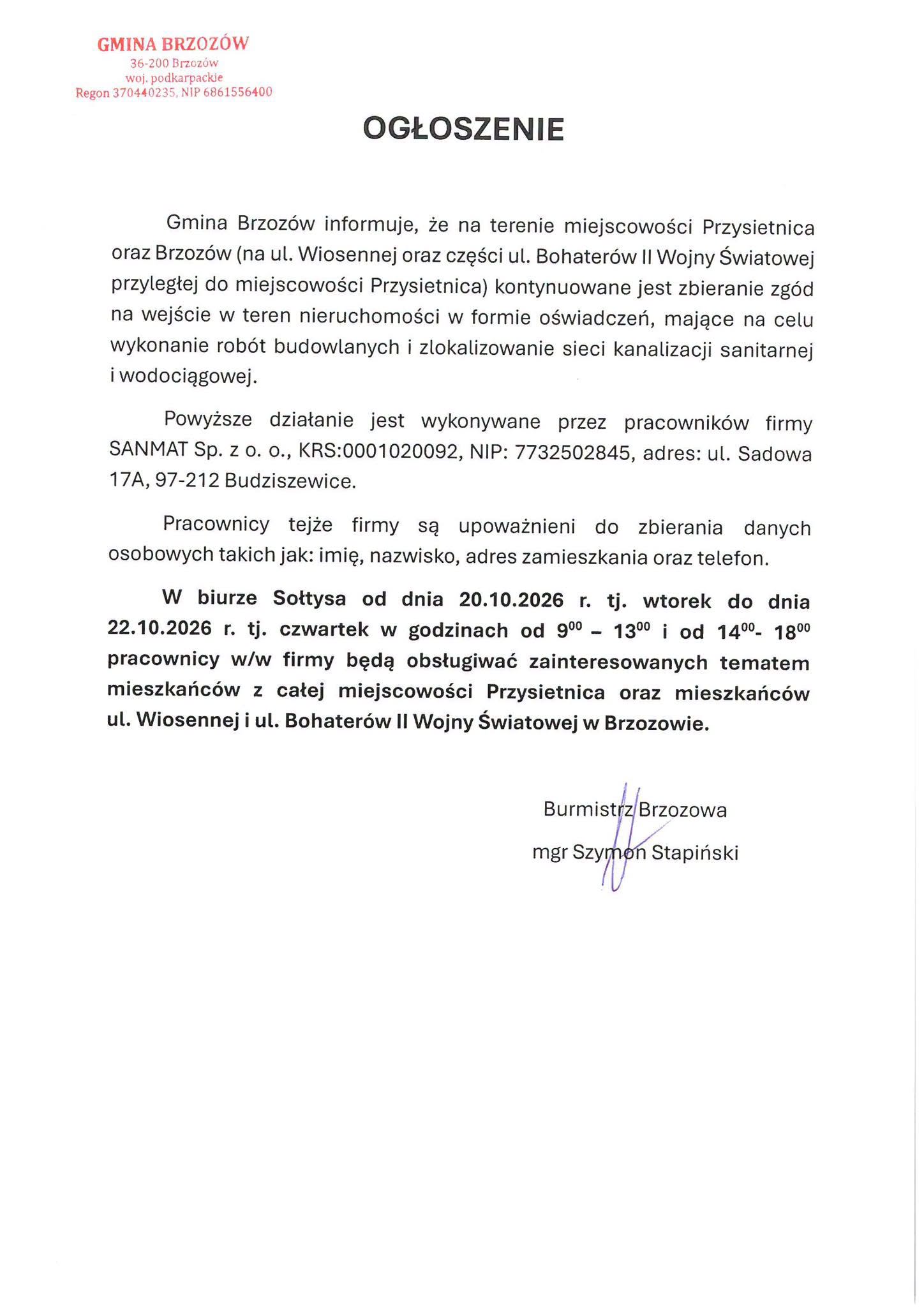 Ogłoszenie dla mieszkańców Przysietnicy oraz Brzozowa w sprawie konty…