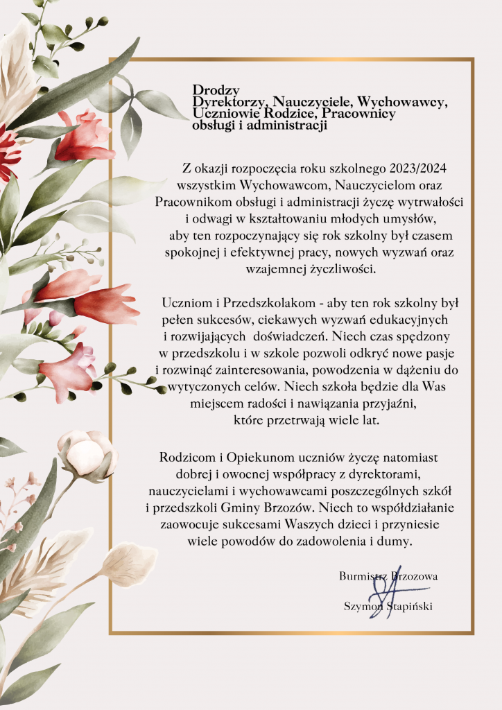 Życzenia Burmistrza Brzozowa z okazji rozpoczęcia nowego roku szkolnego