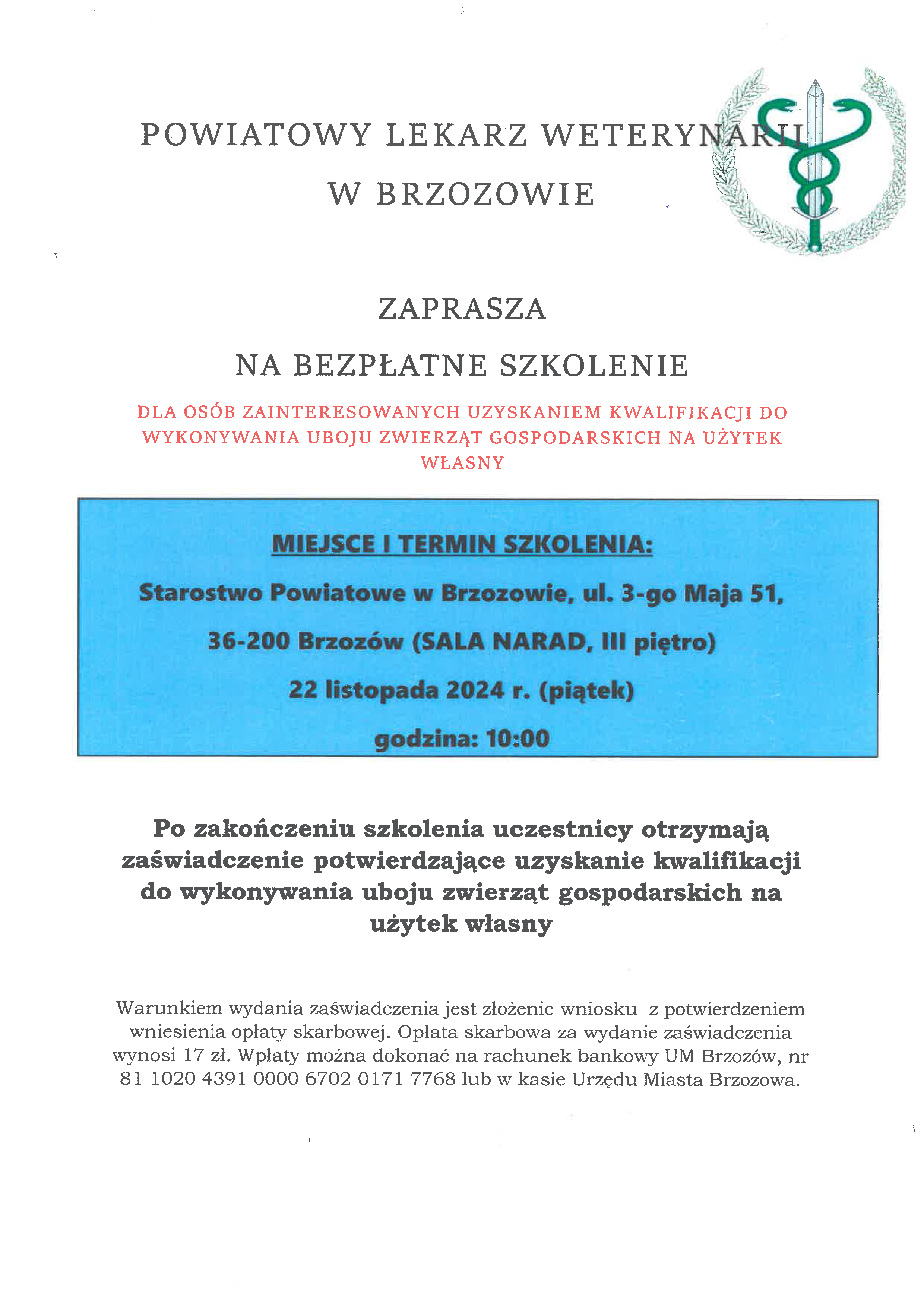 Szkolenie dotyczące wykonywania uboju zwierząt gospodarskich na użytek własny.