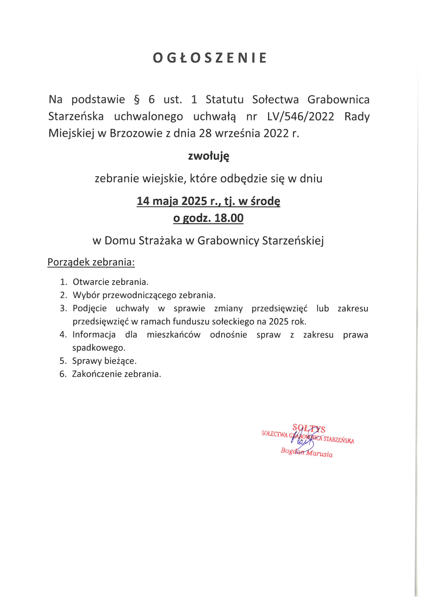 Ogłoszenie o zebraniu wiejskim w Grabownicy Starzeńskiej