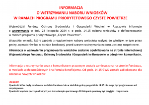 Informacja o wstrzymaniu naboru wniosków w ramach Programu Priorytetowego Czyste Powietrze