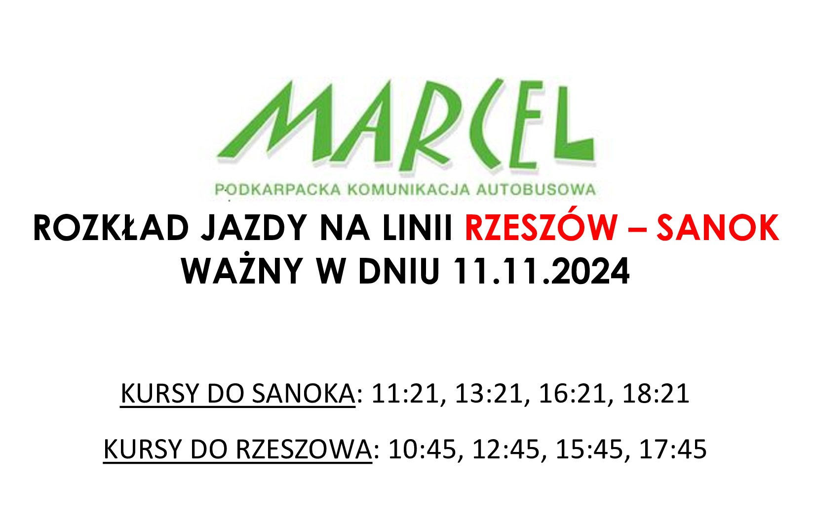 Rozkład jazdy MARCEL w dniu 11 listopada