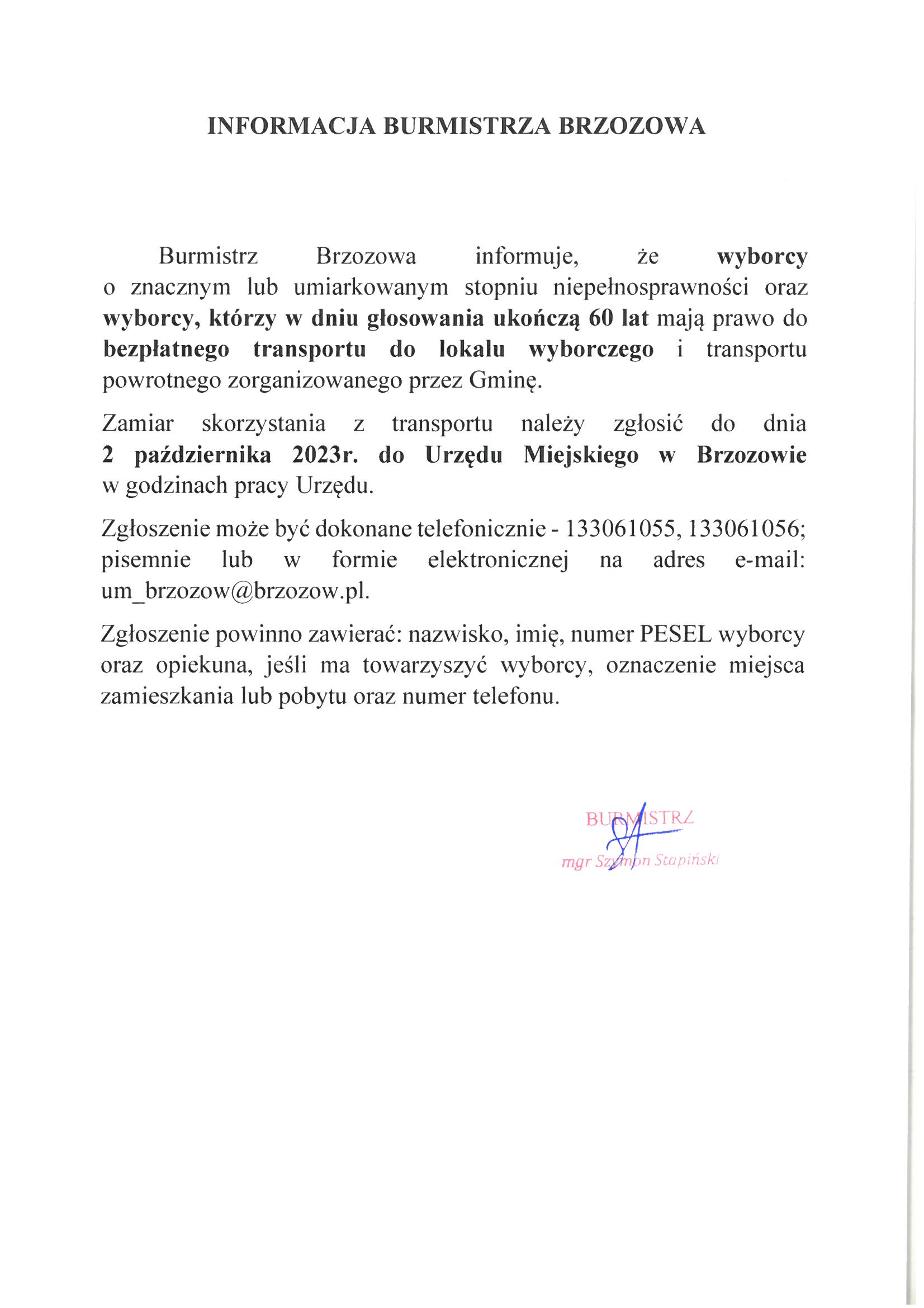 Informacja Burmistrza Brzozowa dotycząca bezpłatnego transportu dla osób niepełnosprawnych w związku ze zbilżającymi się wyborami parlamentarnymi