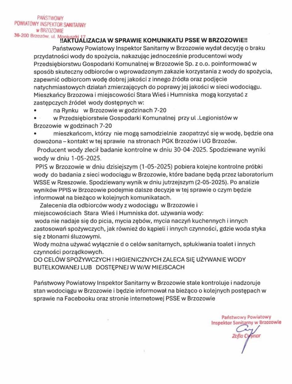 Aktualizacja w sprawie komunikatu Powiatowego Państwowego Inspektora Sanitarnego w Brzozowie
