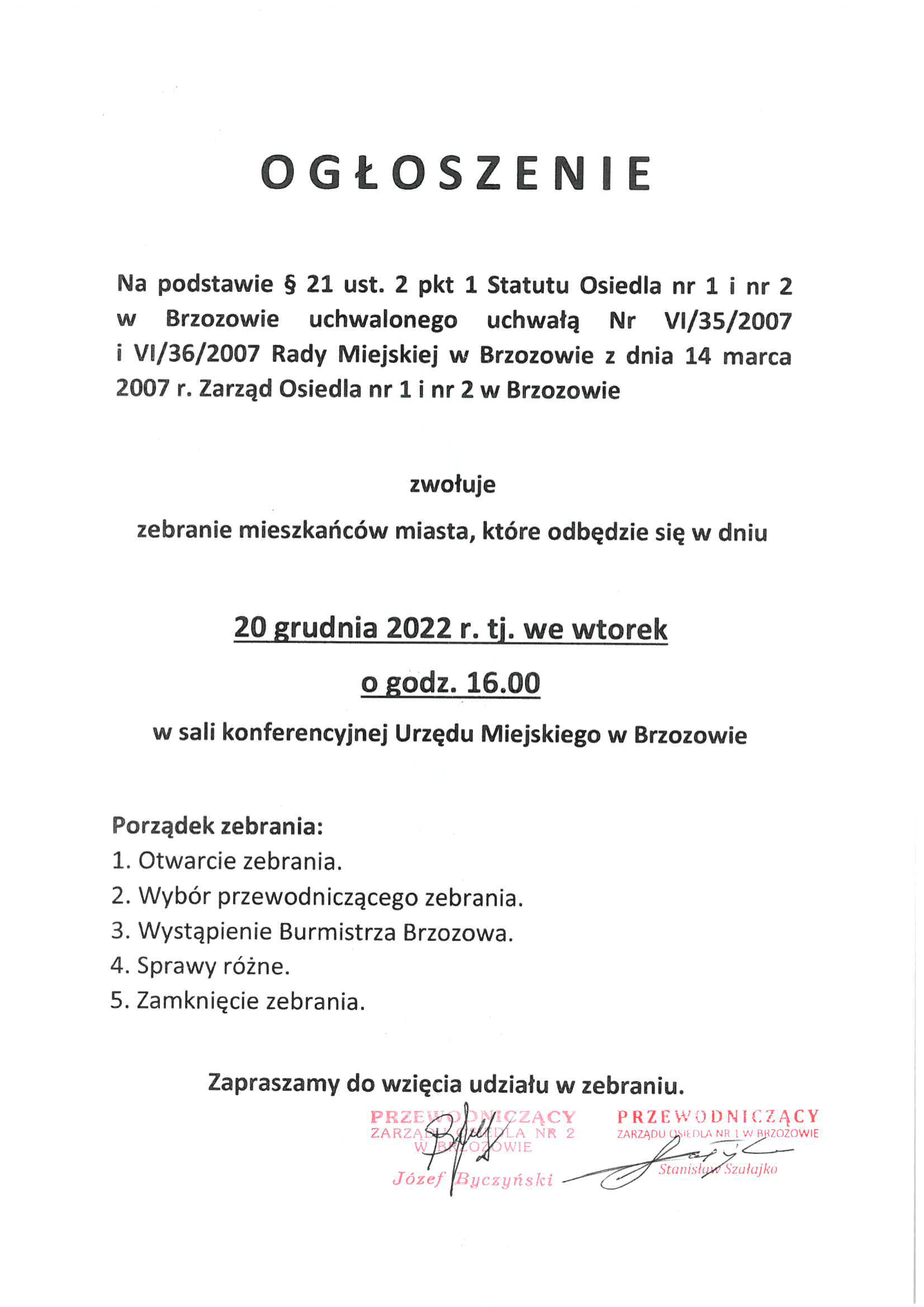 Przypomnienie o zebraniu mieszkańców miasta