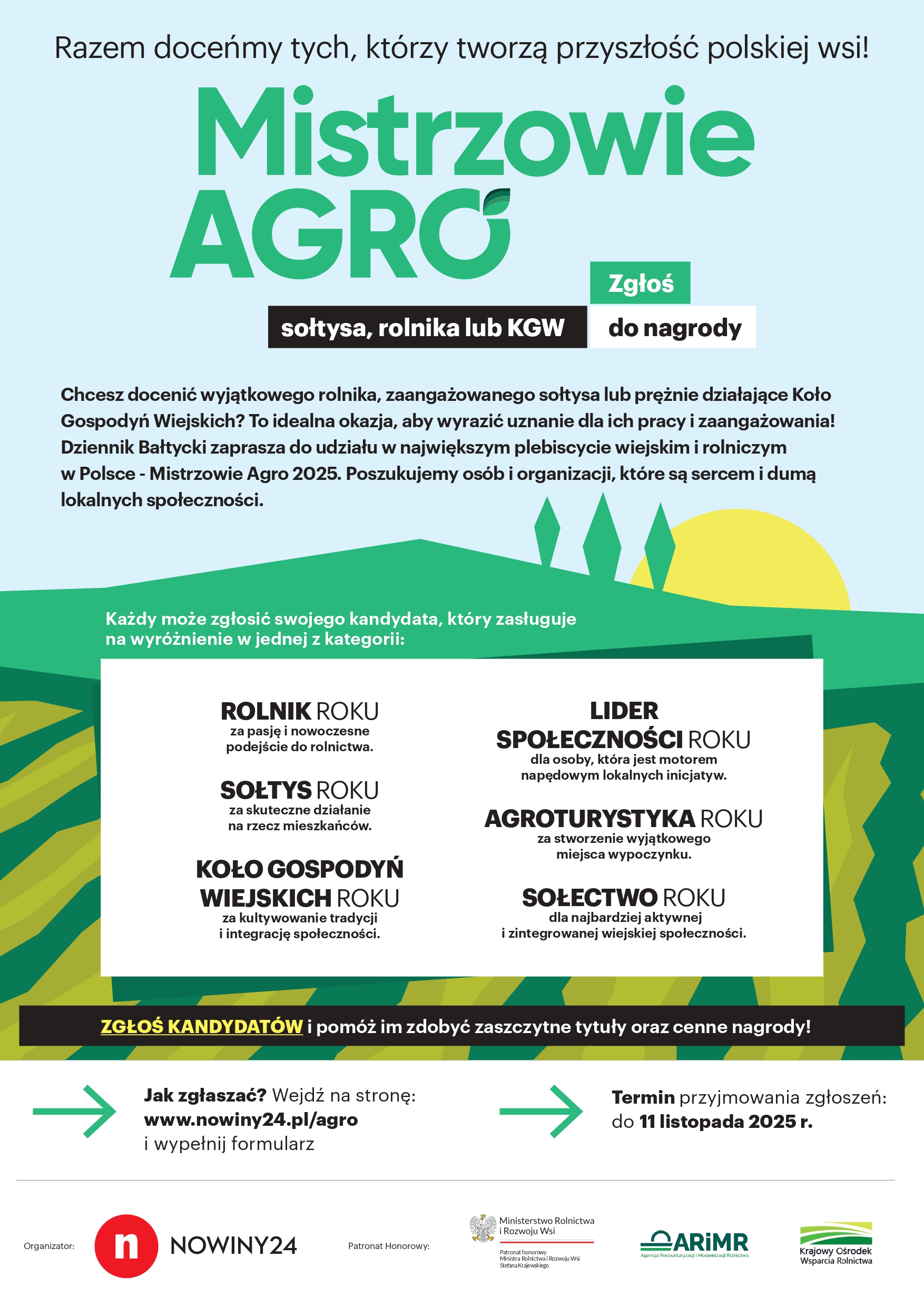 MISTRZOWIE AGRO 2025. Wielki plebiscyt rozpoczęty! Zgłoś do nagrody sołtysa, rolnika, KGW i innych przedstawicieli wiejskich społeczności