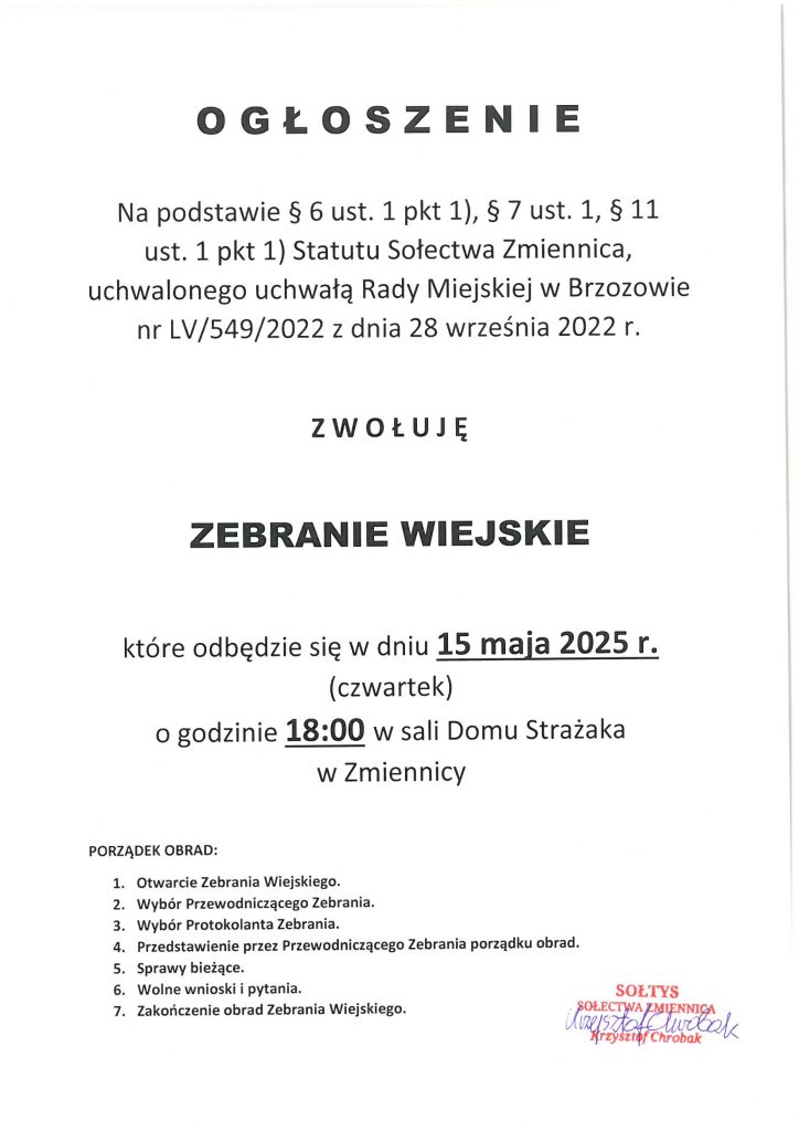 Ogłoszenie o zebranie wiejskim