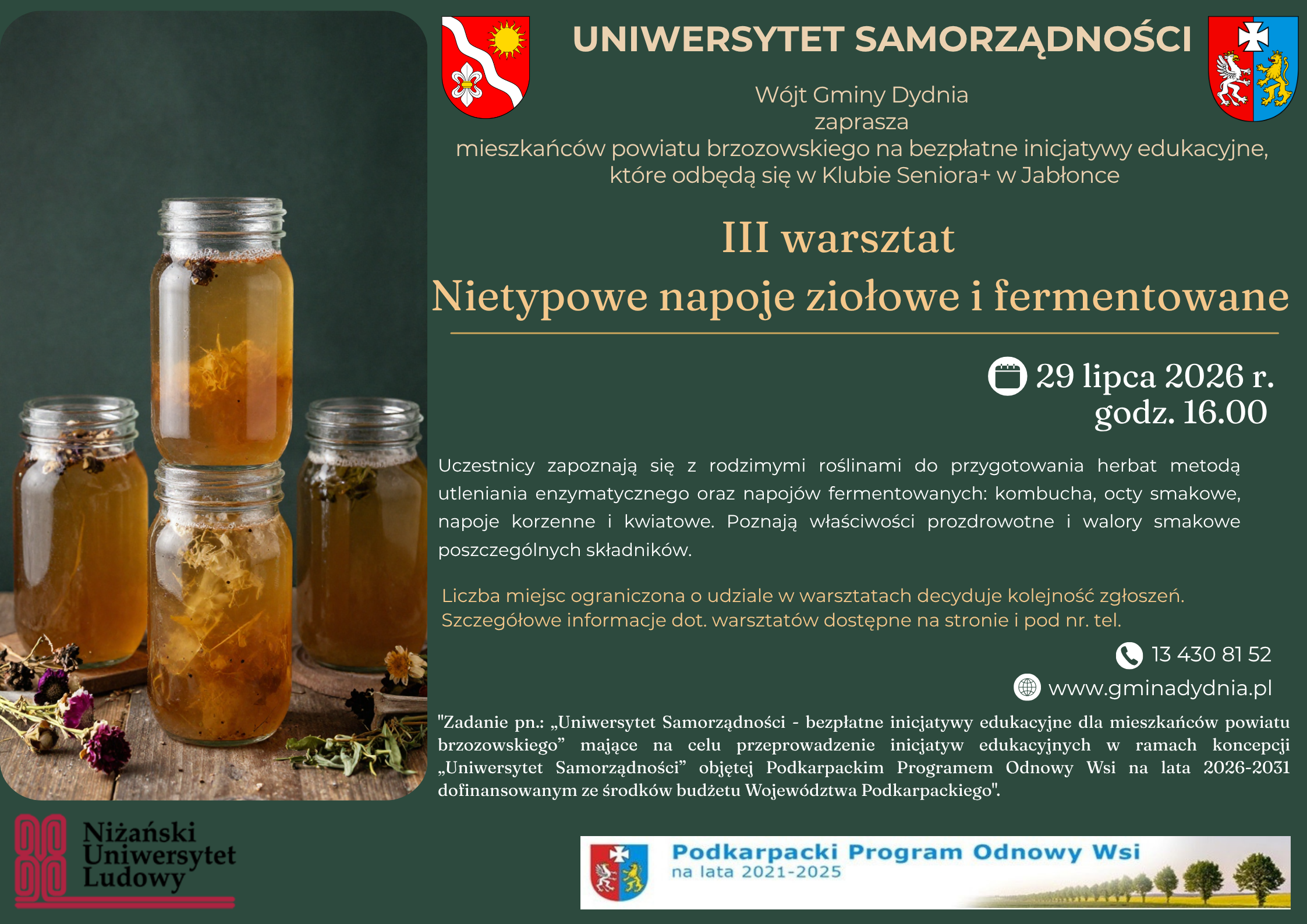 Bezpłatny warsztat pn.: „Nietypowe napoje ziołowe i fermentowane" w Gminie Dydnia 