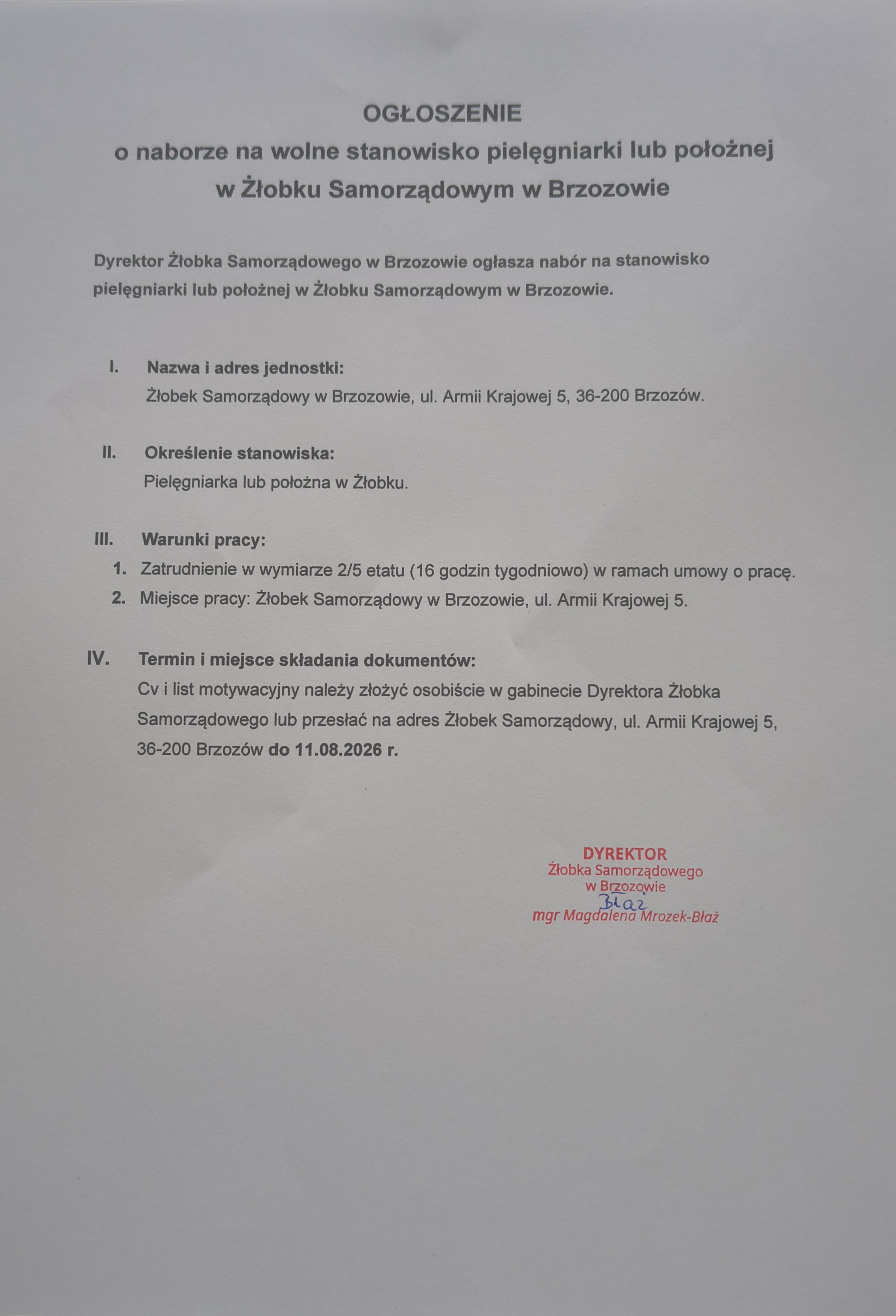 Ogłoszenie o naborze na wolne stanowisko pielęgniarki lub położnej w Żłobku Samorządowym w Brzozowie 