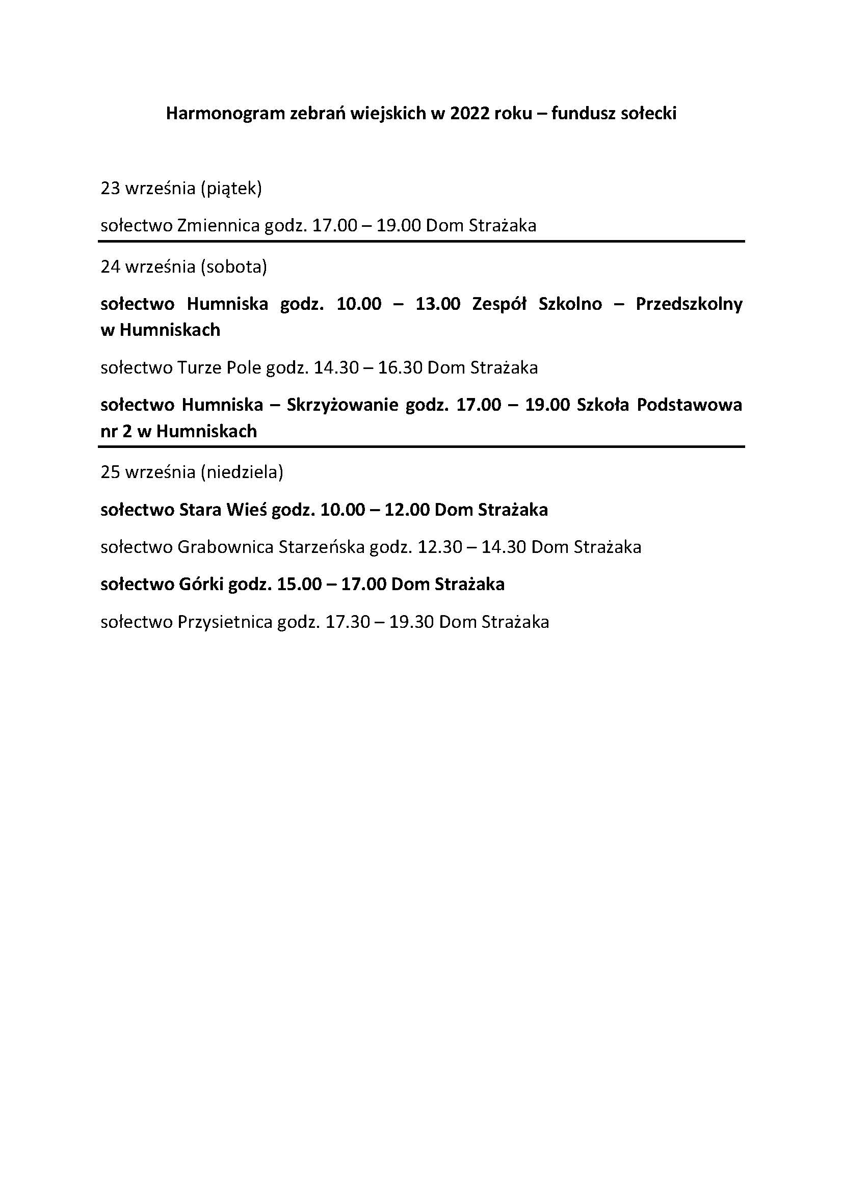 Harmonogram zebrań wiejskich w 2022 roku – fundusz sołecki
