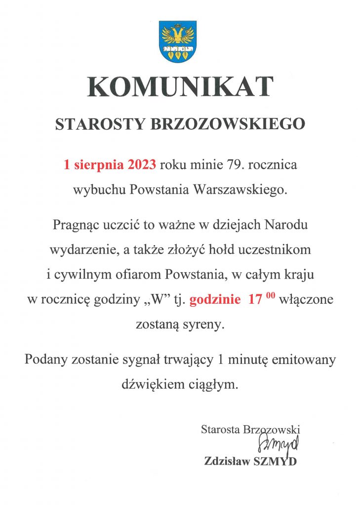Komunikat Starosty Brzozowskiego związany z 79. rocznicą wybuchu Powstania Warszawskiego